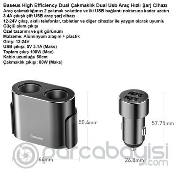 Baseus High Efficiency Dual Çakmaklık Dual Usb Araç Hızlı Şarj Cihazı