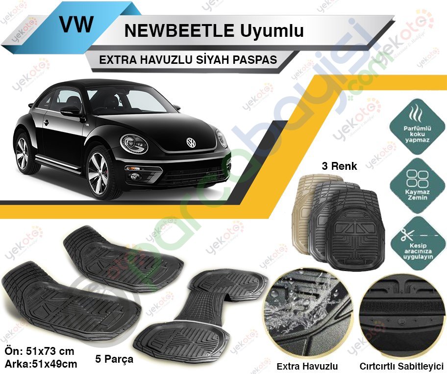 Volkswagen Newbeetle Uyumlu Havuzlu Kesilebilir Üniversal Siyah Paspas
