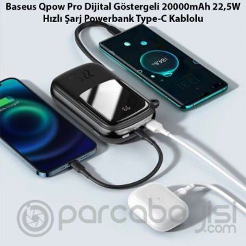 Baseus Qpow Pro Dijital Göstergeli 20000mAh 22,5W Hızlı Şarj Powerbank Type-C Kablolu