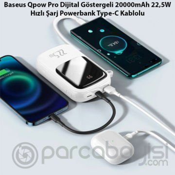 Baseus Qpow Pro Dijital Göstergeli 20000mAh 22,5W Hızlı Şarj Powerbank Type-C Kablolu