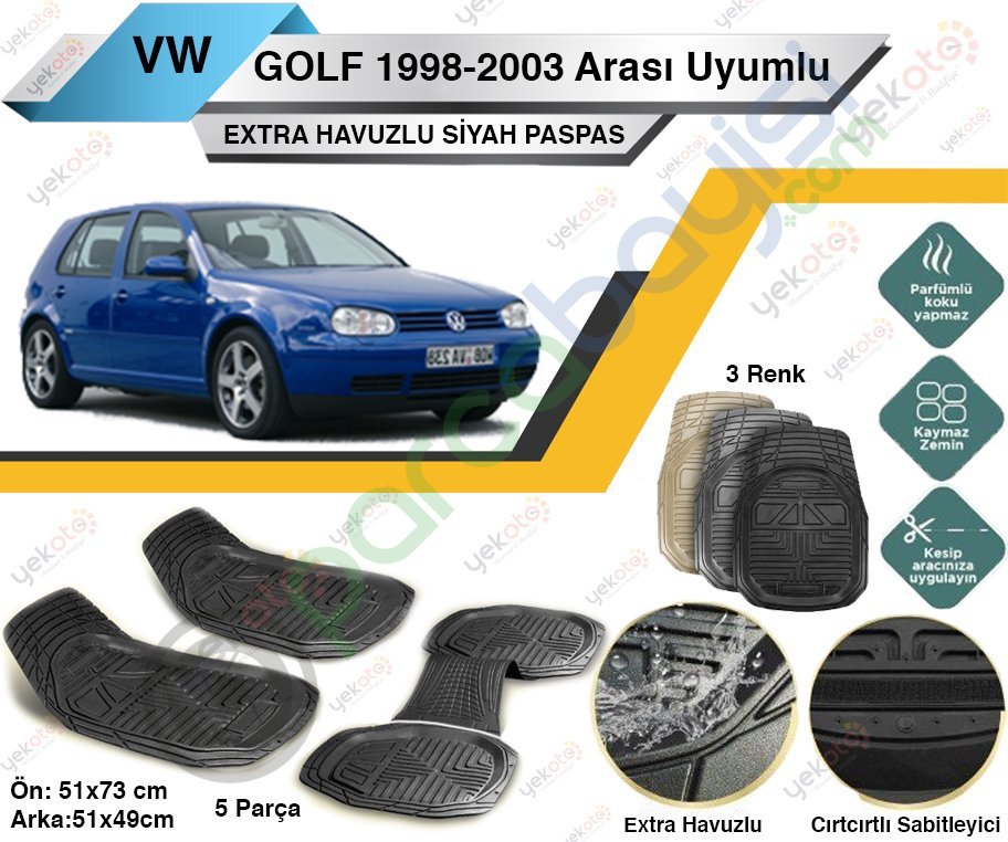 Volkswagen Golf 1998-2003 Arası Uyumlu Extra Havuzlu Kesilebilir Siyah Paspas