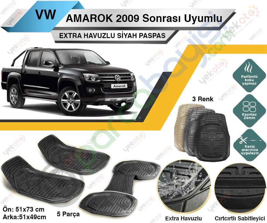 Volkswagen Amarok 2009 Sonrası Uyumlu Extra Havuzlu Kesilebilir Siyah Paspas
