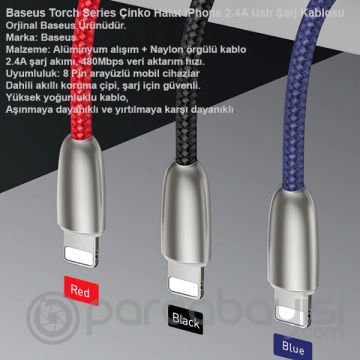 Baseus Torch Series Çinko Halat iPhone 2.4A Usb Şarj Kablosu 1Metre