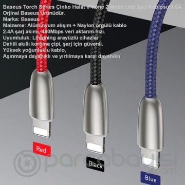 Baseus Torch Series Çinko Halat iPhone 2 Metre Usb Şarj Kablosu 1.5A