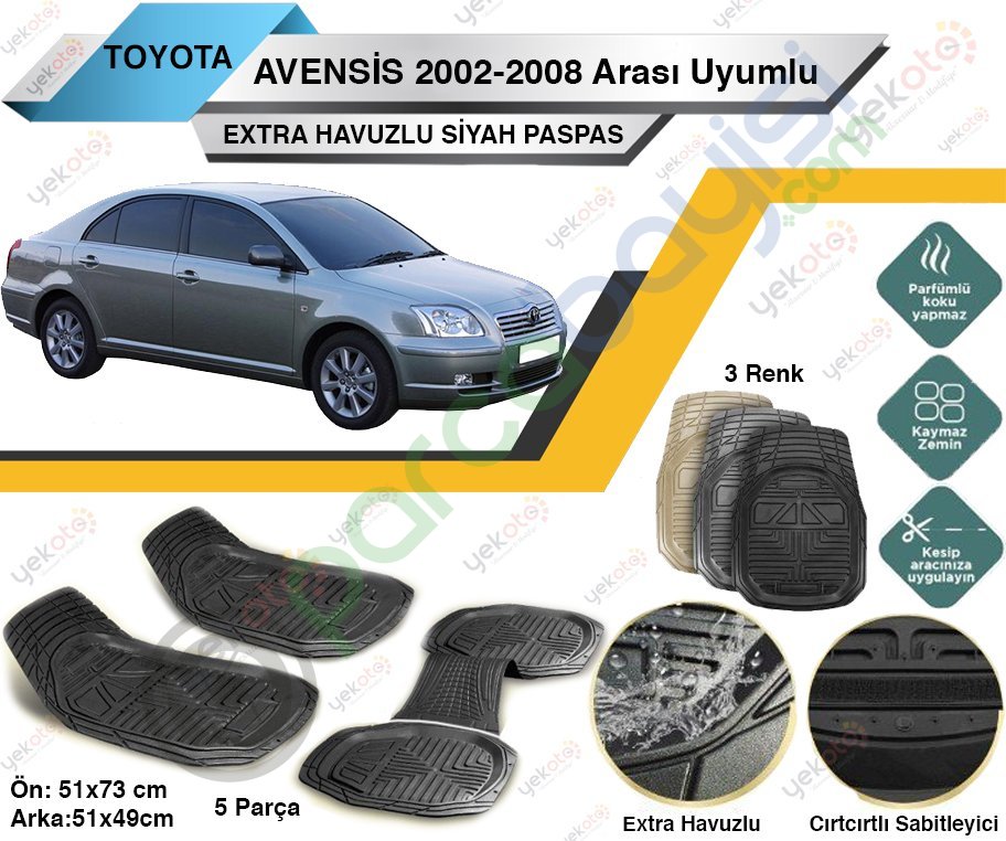 Toyota Avensis 2002-2008 Arası Uyumlu Extra Havuzlu Kesilebilir Siyah Paspas