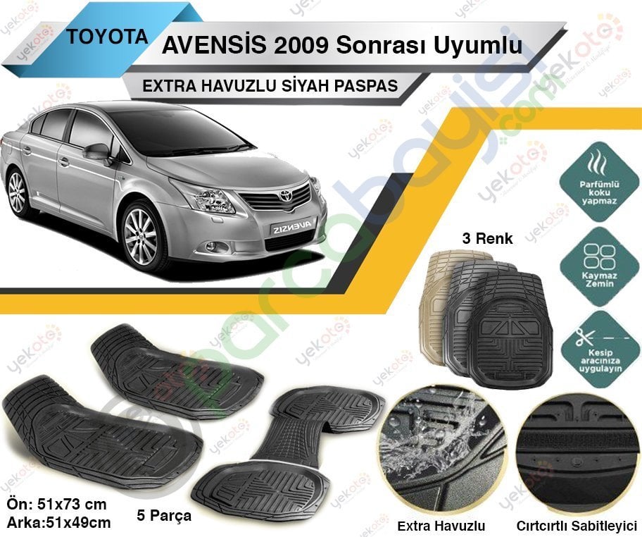 Toyota Avensis 2009 Sonrası Uyumlu Extra Havuzlu Kesilebilir Siyah Paspas