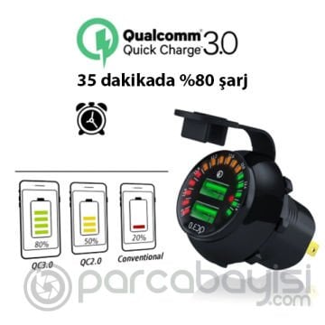 Ally QC3.0 Araç Su Geçirmez 12V Çift USB Şarj Soketi LED Voltmetre