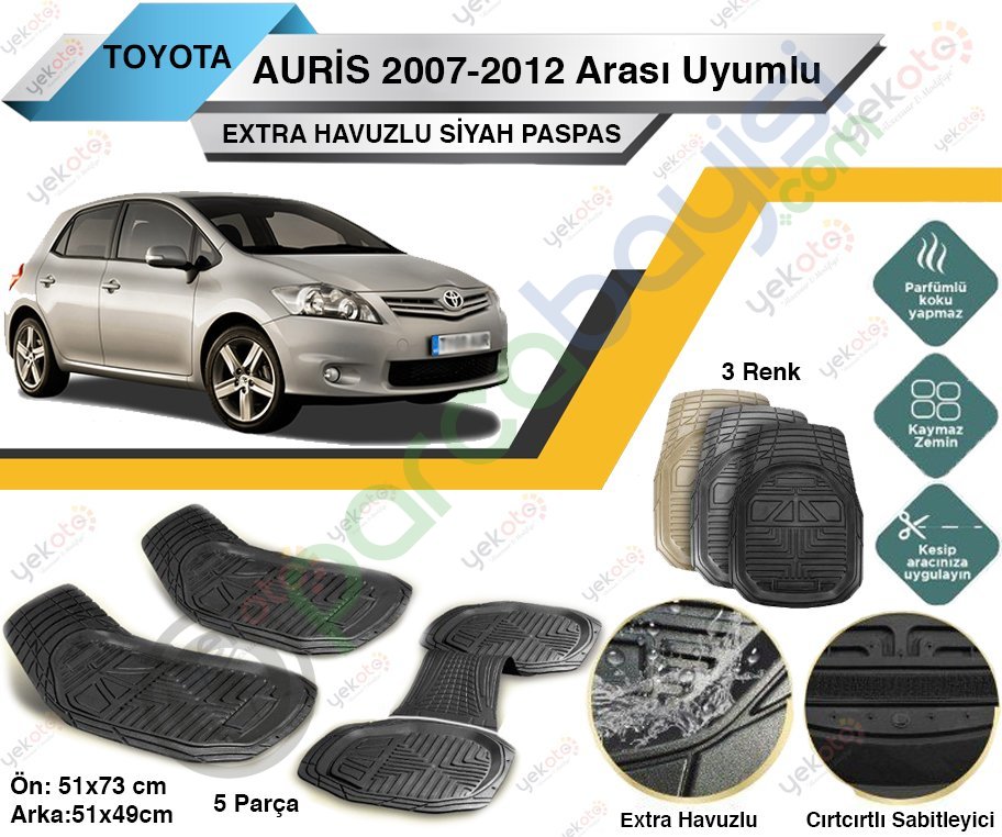 Toyota Auris 2007-2012 Arası Uyumlu Extra Havuzlu Kesilebilir Siyah Paspas