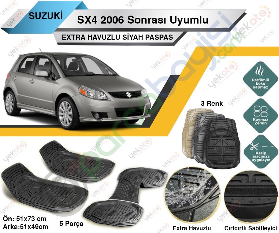 Suzuki Sx4 2006 Sonrası Uyumlu Extra Havuzlu Kesilebilir Siyah Paspas