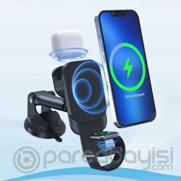 Ally Wireless Şarjlı 3in1 Torpido Üstü Ve Havalandırma Telefon, Kulaklık, Saat Tutucu