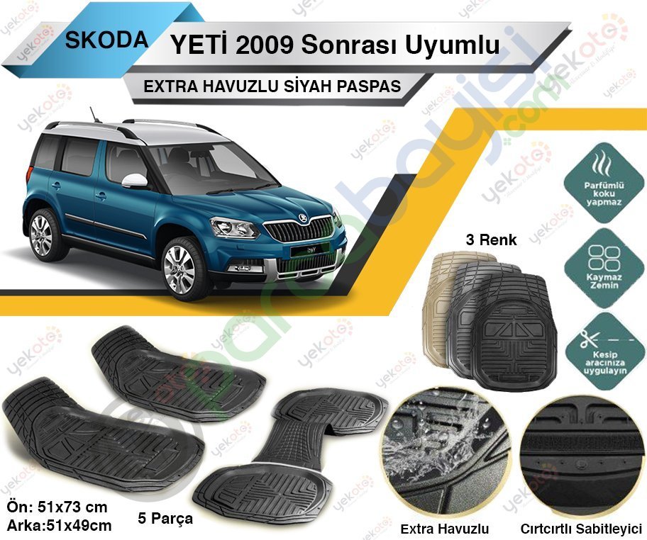 Skoda Yeti 2009 Sonrası Uyumlu Extra Havuzlu Kesilebilir Siyah Paspas