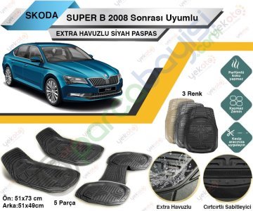 Skoda Superb 2008 Sonrası Uyumlu Extra Havuzlu Kesilebilir Siyah Paspas