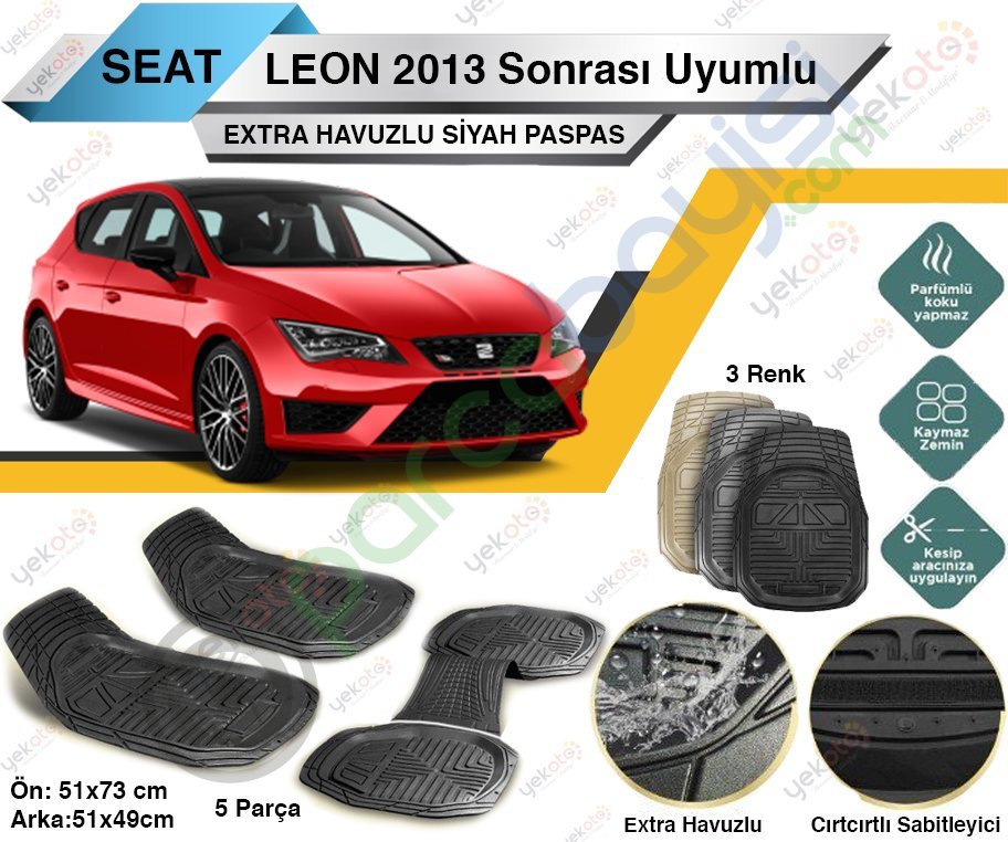 Seat Leon 2013 Sonrası Uyumlu Extra Havuzlu Kesilebilir Siyah Paspas