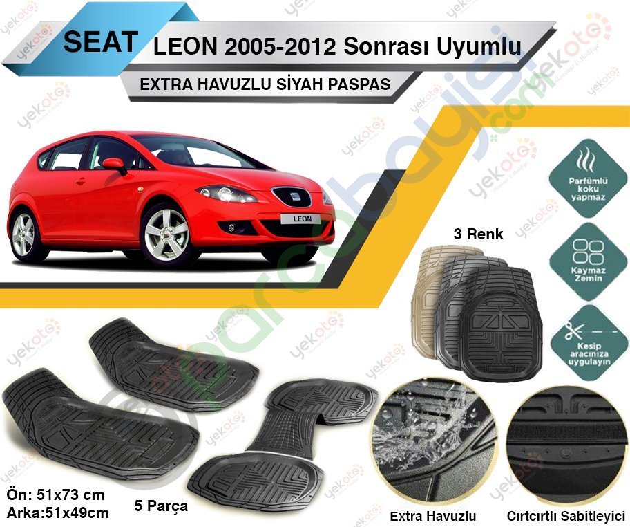 Seat Leon 2005-2012 Sonrası Uyumlu Extra Havuzlu Kesilebilir Siyah Paspas