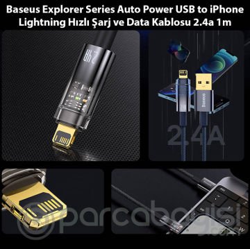 Baseus Explorer Series Auto Power USB to iPhone Lightning Hızlı Şarj ve Data Kablosu 2.4a 1m