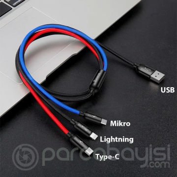 Baseus Three Primary 3in1 USB to Type-C+Lightning+Micro Şarj Kablosu 3.5A 1.2m