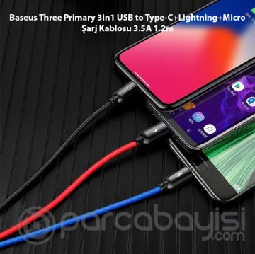 Baseus Three Primary 3in1 USB to Type-C+Lightning+Micro Şarj Kablosu 3.5A 1.2m