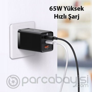 Baseus GaN5 Pro 65W PD Fast Charger 2xType-C+1USB Ultra Hızlı Şarj Aleti+100W Hızlı Şarj Kablosu
