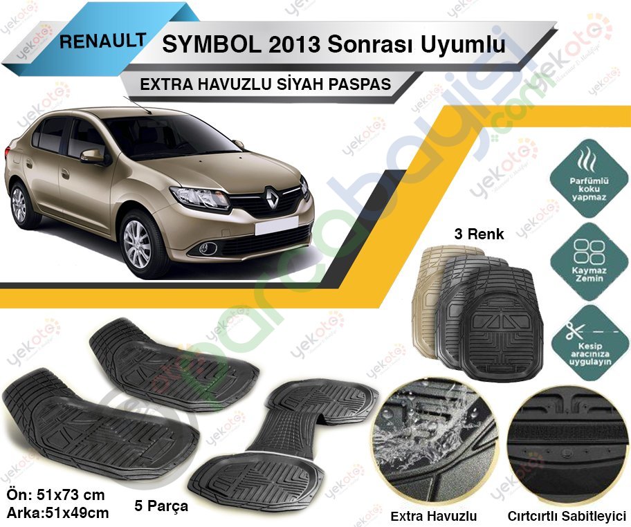 Renault Symbol 2013 Sonrası Uyumlu Extra Havuzlu Kesilebilir Siyah Paspas