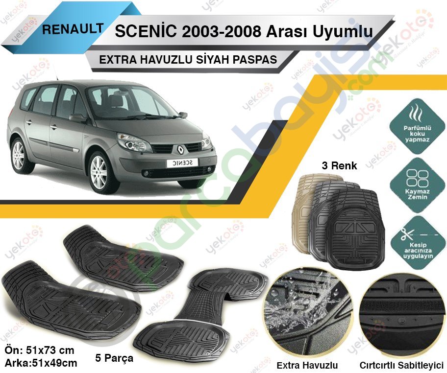 Renault Scenic 2003-2008 Arası Uyumlu Extra Havuzlu Kesilebilir Siyah Paspas