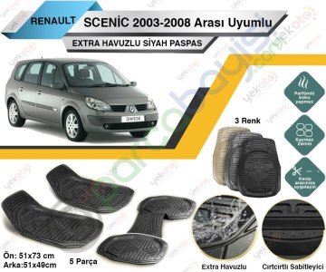 Renault Scenic 2003-2008 Arası Uyumlu Extra Havuzlu Kesilebilir Siyah Paspas