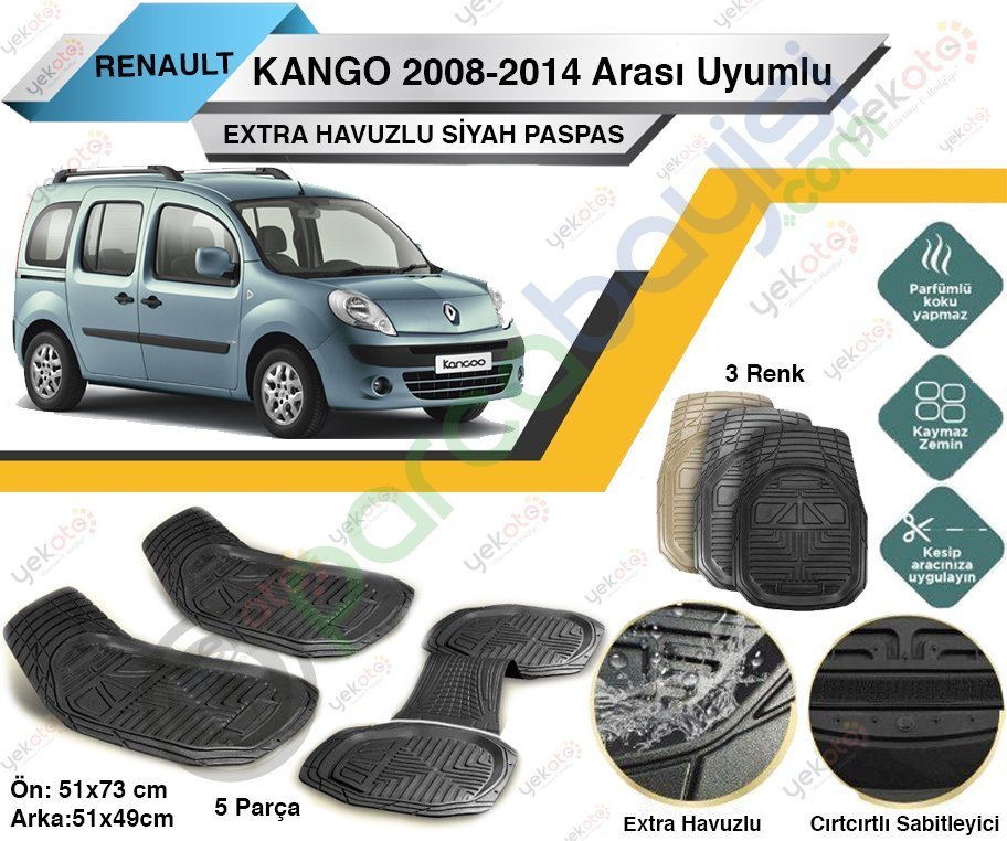 Renault Kango 2008-2014 Arası Uyumlu Extra Havuzlu Kesilebilir Siyah Paspas