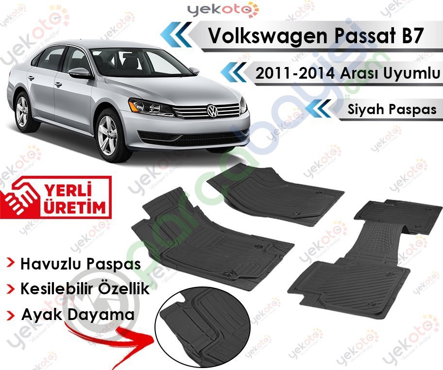 Volkswagen Passat B7 2011-2014 Arası Havuzlu Kesilebilir Üniversal Siyah Paspas